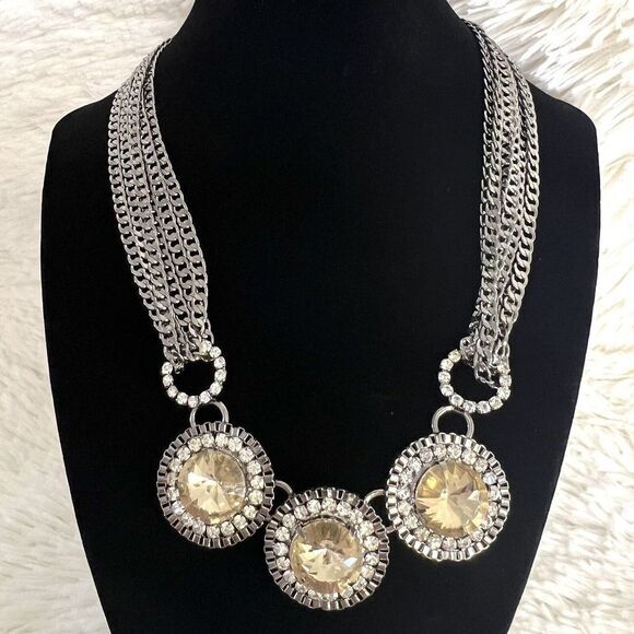 JCPENNEY'S‎ FAUX CITRINE RHINESTONE GLASS SILVER TONE CHOKER LAYERED NECKLACE - Picture 5 of 9